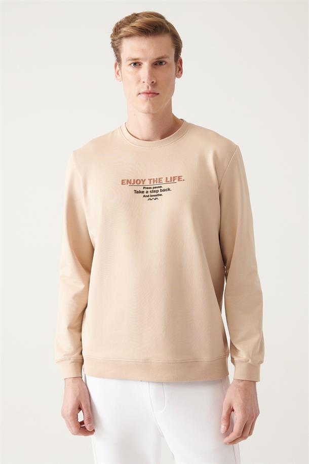 Bej Bisiklet Yaka Baskılı Slim Fit Sweatshirt