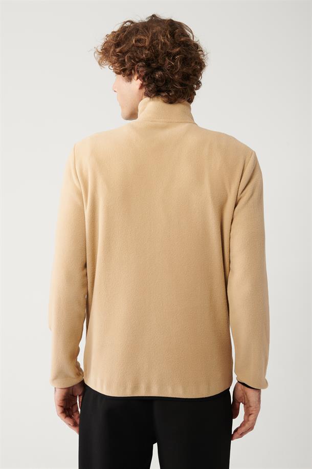 Bej Dik Yaka Soğuğa Dayanıklı Yarım Fermuarlı Regular Fit Standart Kesim Polar Sweatshirt