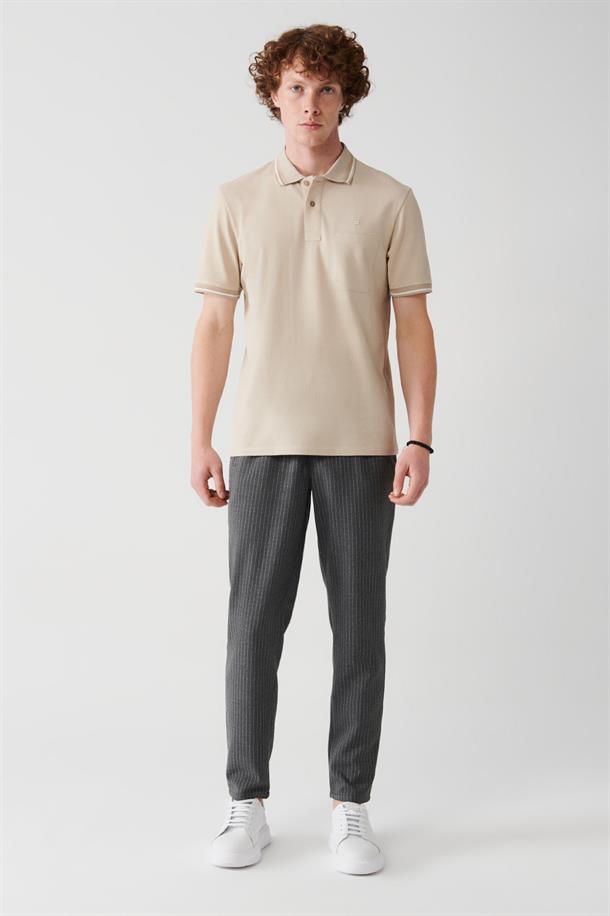 Bej Enine Çizglili Cepli  Polo Yaka T-shirt