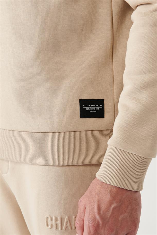 Bej Kapüşonlu Yaka Gofre Baskılı Şardonlu 3 İplik Comfort Fit Rahat Kesim Sweatshirt