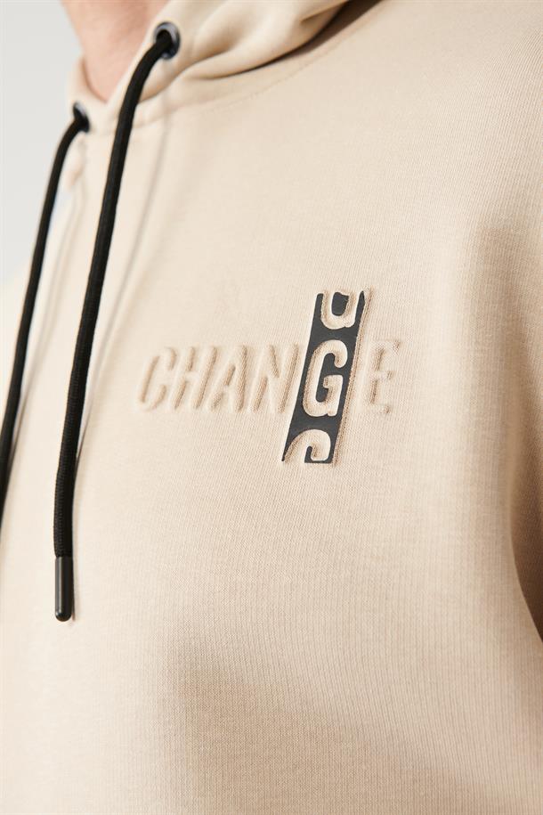Bej Kapüşonlu Yaka Gofre Baskılı Şardonlu 3 İplik Comfort Fit Rahat Kesim Sweatshirt