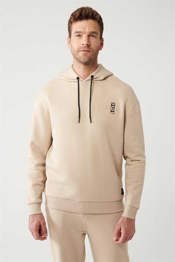 Bej Kapüşonlu Yaka Gofre Baskılı Şardonlu 3 İplik Comfort Fit Rahat Kesim Sweatshirt