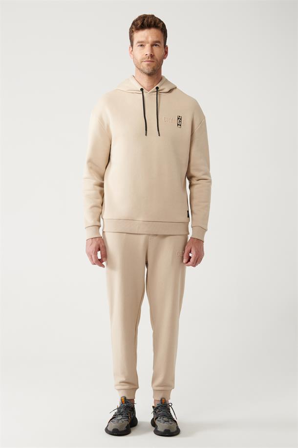 Bej Kapüşonlu Yaka Gofre Baskılı Şardonlu 3 İplik Comfort Fit Rahat Kesim Sweatshirt