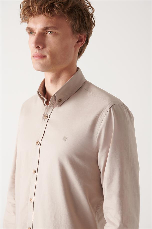Bej Oxford %100 Pamuk Regular Fit Gömlek