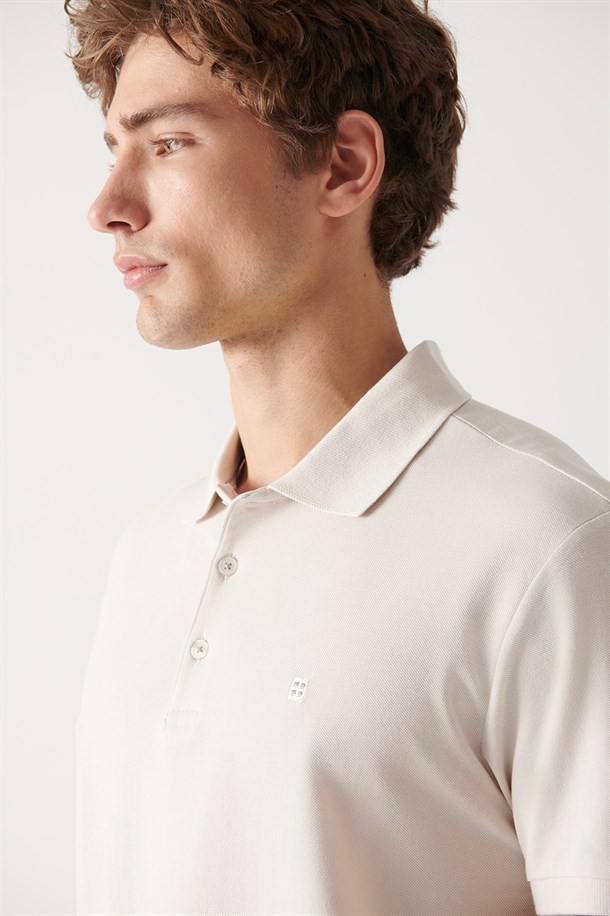 Bej Polo Yaka Slim Fit %100 Pamuk Basic T-Shirt