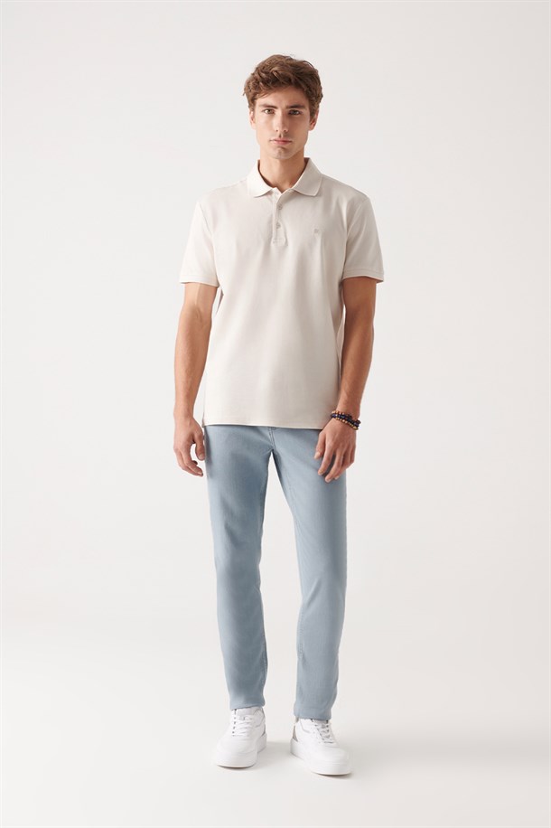 Bej Polo Yaka Slim Fit %100 Pamuk Basic T-Shirt