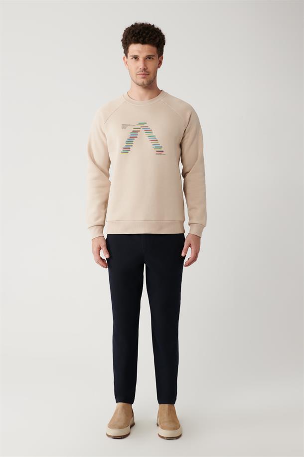 Bej Şardonlu Kumaş Bisiklet Yaka Nakışlı Sweatshirt