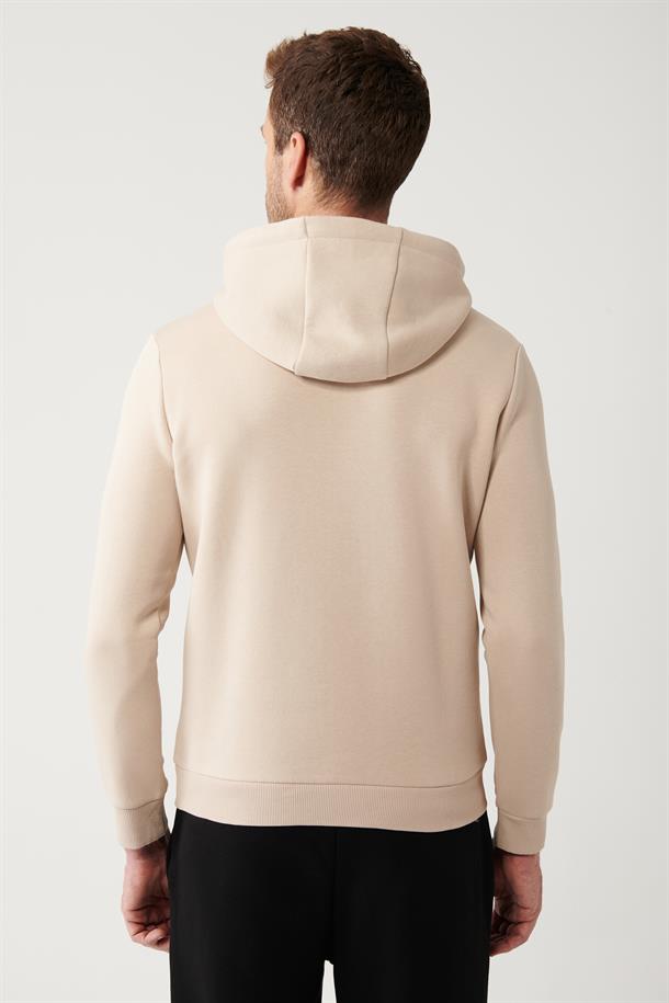 Bej Şardonlu Kumaş Kapüşonlu Yaka Piramit Baskılı Sweatshirt