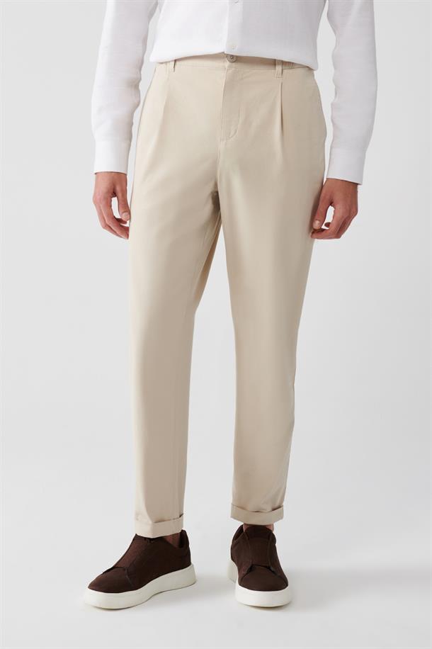 Bej Yanı Lastikli Yumuşak Tuşeli Slim Fit Chino Pantolon