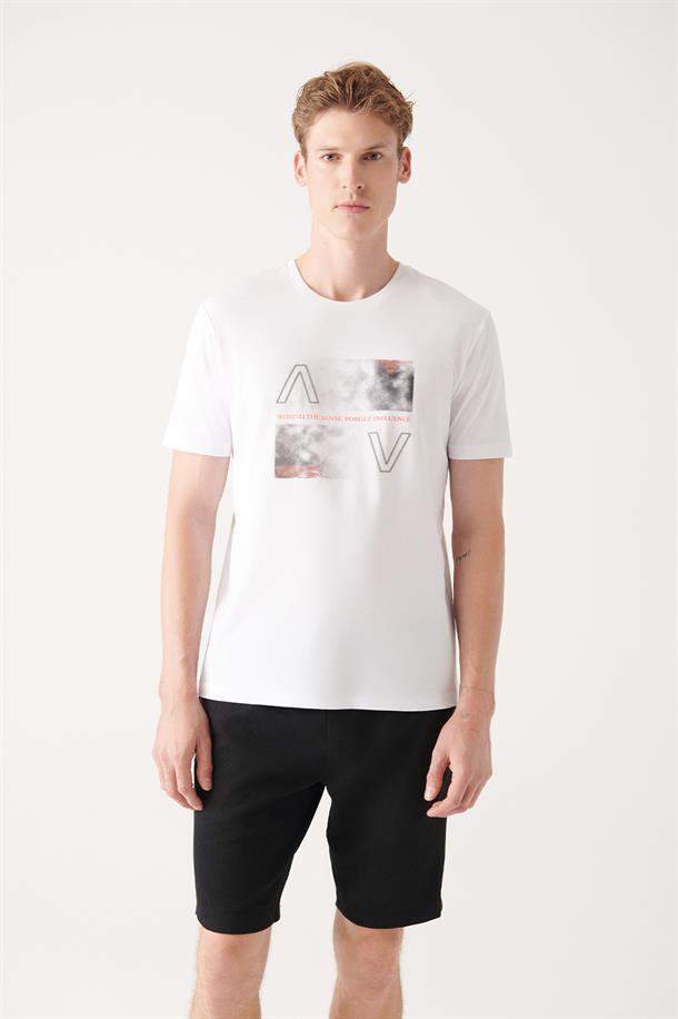 Beyaz Bisiklet Yaka Baskılı  Oversize T-Shirt
