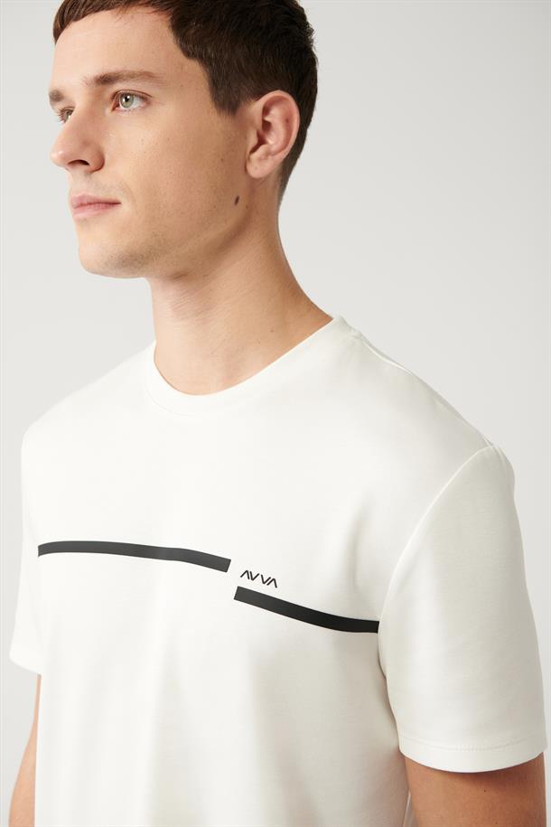 Beyaz Bisiklet Yaka Baskılı Regular Fit Standart Kesim T-Shirt