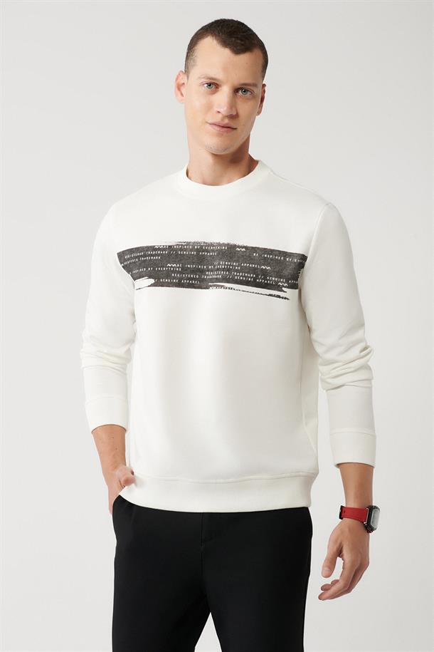 Beyaz Bisiklet Yaka Baskılı Sweatshirt
