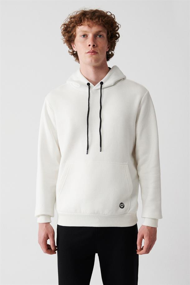 Beyaz Kapüşonlu Yaka İçi Polarlı 3 İplik Pamuklu Unisex Sweatshirt