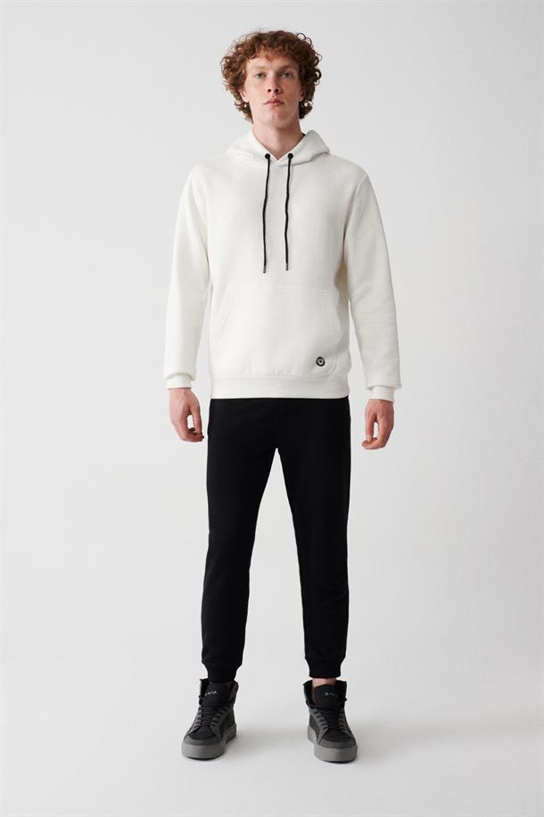 Beyaz Kapüşonlu Yaka İçi Polarlı 3 İplik Pamuklu Unisex Sweatshirt