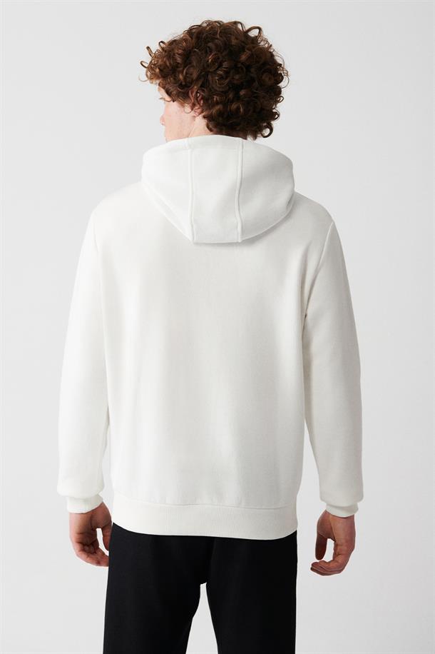 Beyaz Kapüşonlu Yaka İçi Polarlı 3 İplik Pamuklu Unisex Sweatshirt