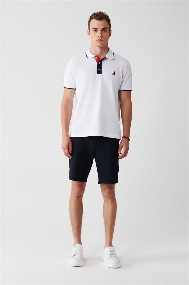 Beyaz Marine Temalı Polo Yaka T-Shirt