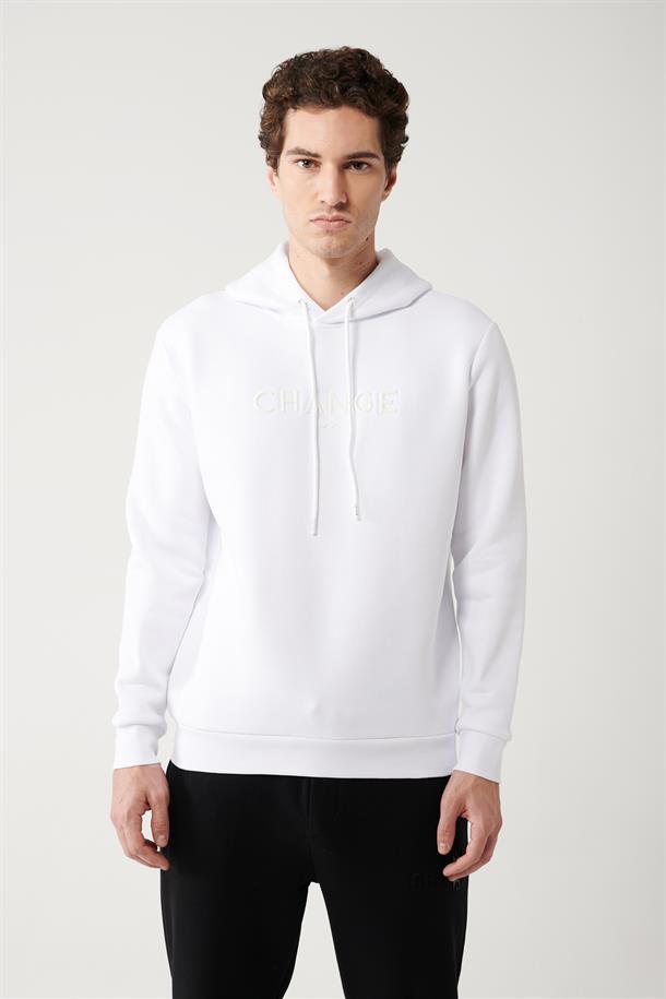 Beyaz Şardonlu Kumaş Kapüşonlu Yaka Piramit Baskılı Sweatshirt