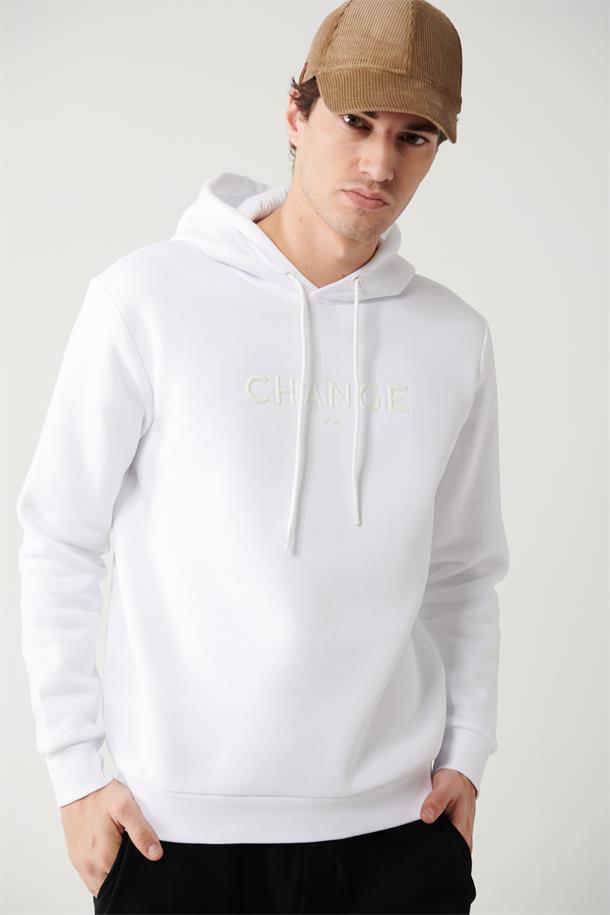Beyaz Şardonlu Kumaş Kapüşonlu Yaka Piramit Baskılı Sweatshirt