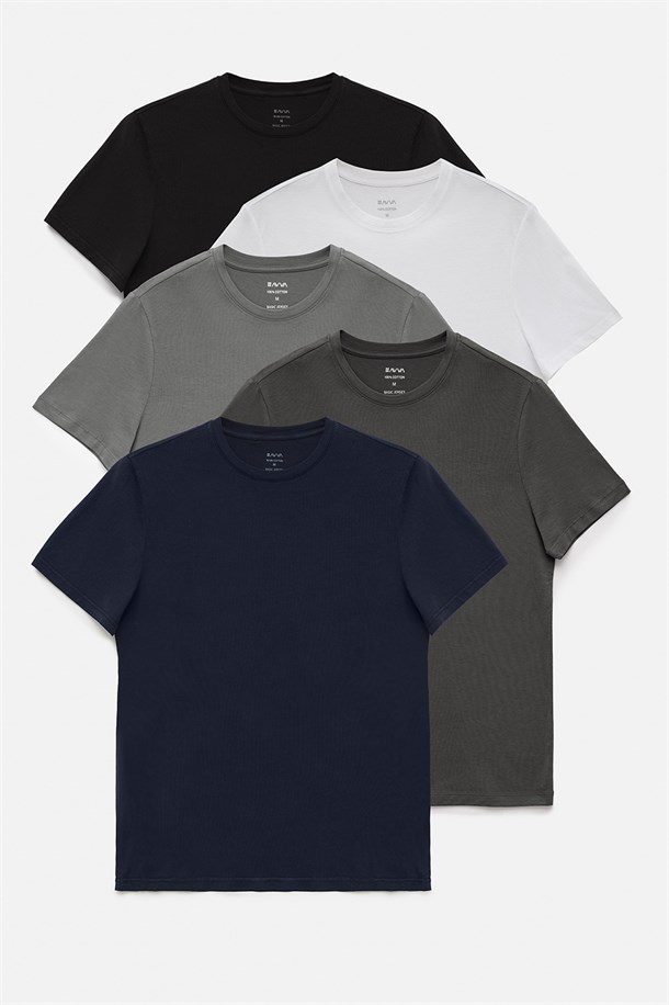 Beyaz-Siyah-Gri-Lacivert-Antrasit 5'li Bisiklet Yaka Düz T-Shirt