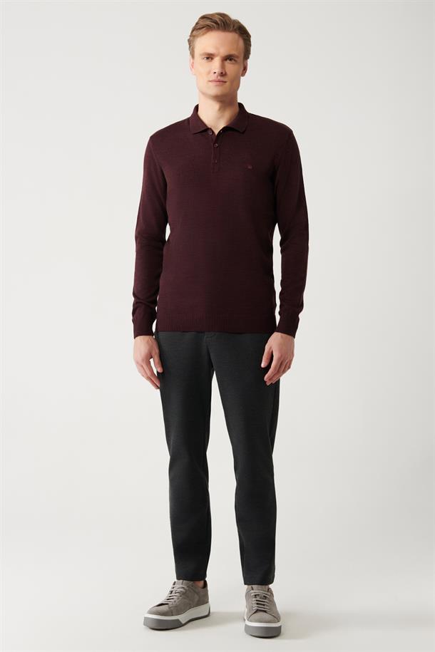 Bordo 3 Düğmeli Polo Yaka Regular Fit Standart Kesim Triko Kazak