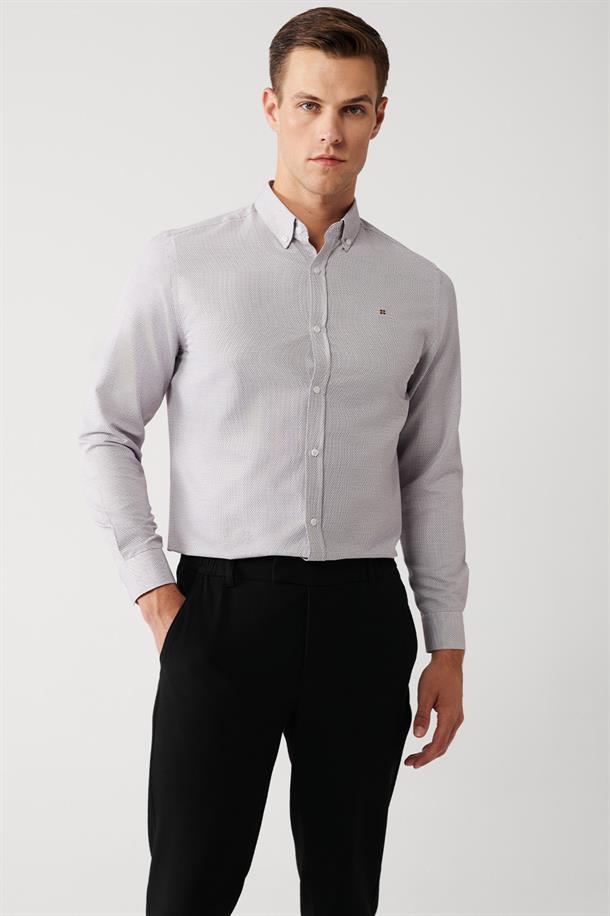 Bordo Alttan Britli Yaka Pamuklu Armürlü Slim Fit Gömlek