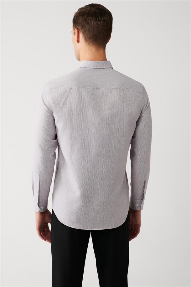 Bordo Alttan Britli Yaka Pamuklu Armürlü Slim Fit Gömlek