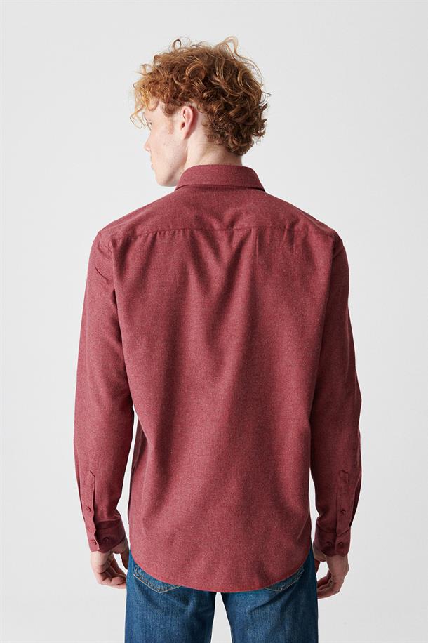 Bordo Düz Düğmeli Yaka Comfort Fit Gömlek