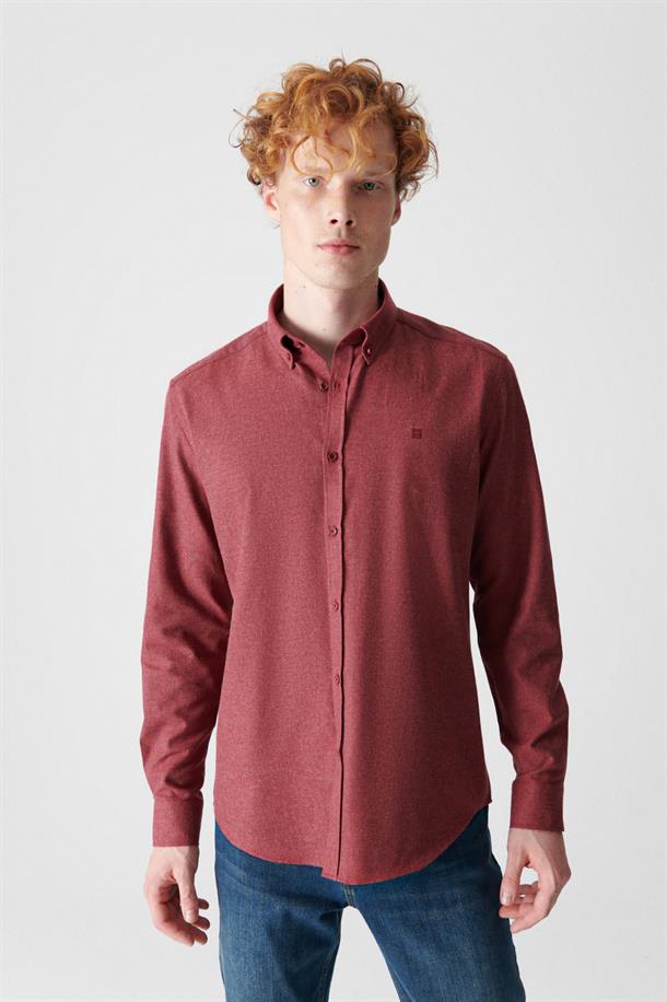 Bordo Düz Düğmeli Yaka Comfort Fit Gömlek
