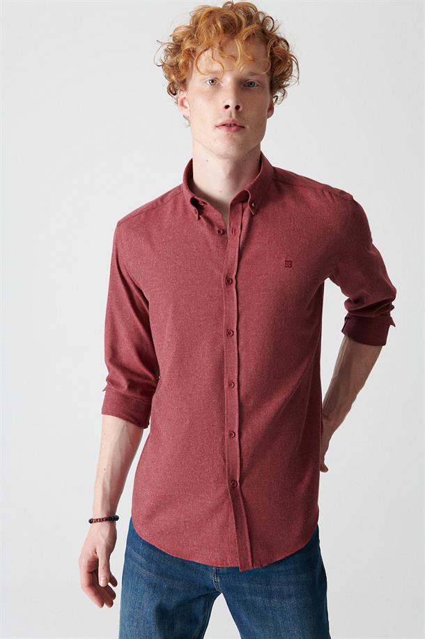 Bordo Düz Düğmeli Yaka Comfort Fit Gömlek