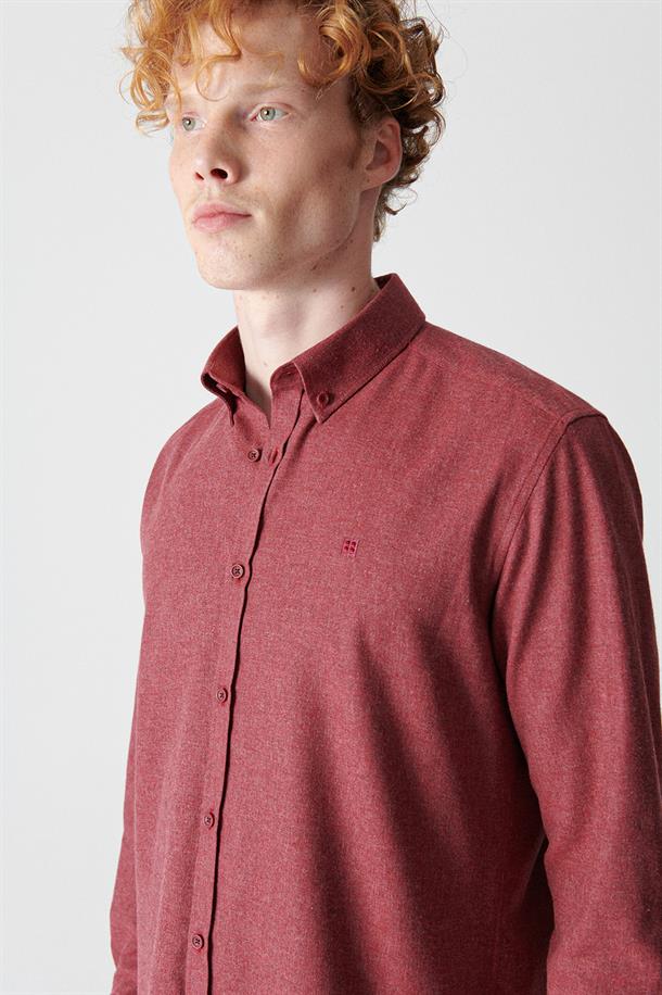 Bordo Düz Düğmeli Yaka Comfort Fit Gömlek