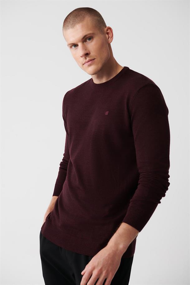 Bordo Bisiklet Yaka Tüylenmeyen Regular Fit Standart Kesim Triko Kazak