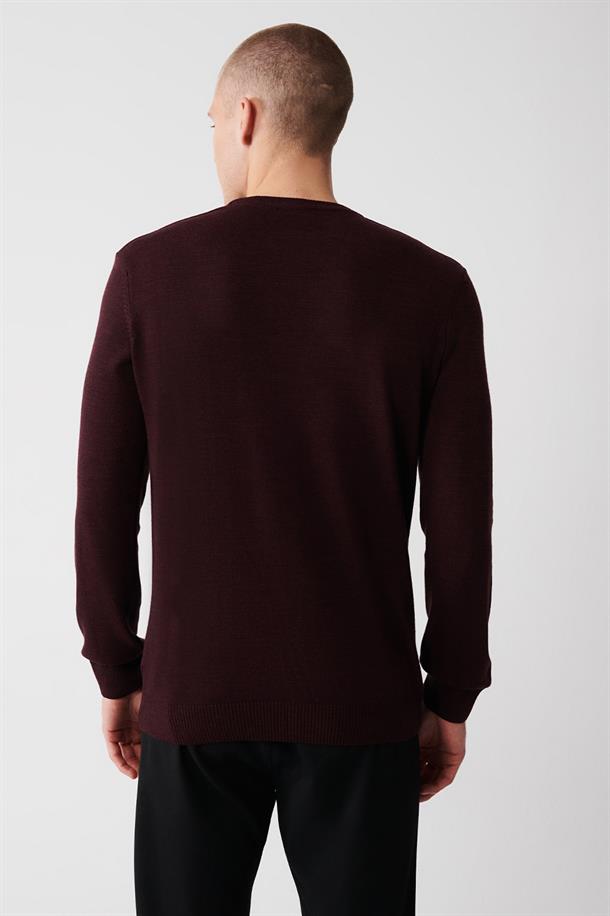 Bordo Bisiklet Yaka Tüylenmeyen Regular Fit Standart Kesim Triko Kazak