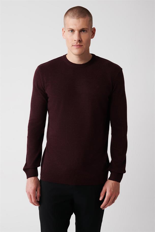 Bordo Bisiklet Yaka Tüylenmeyen Regular Fit Standart Kesim Triko Kazak