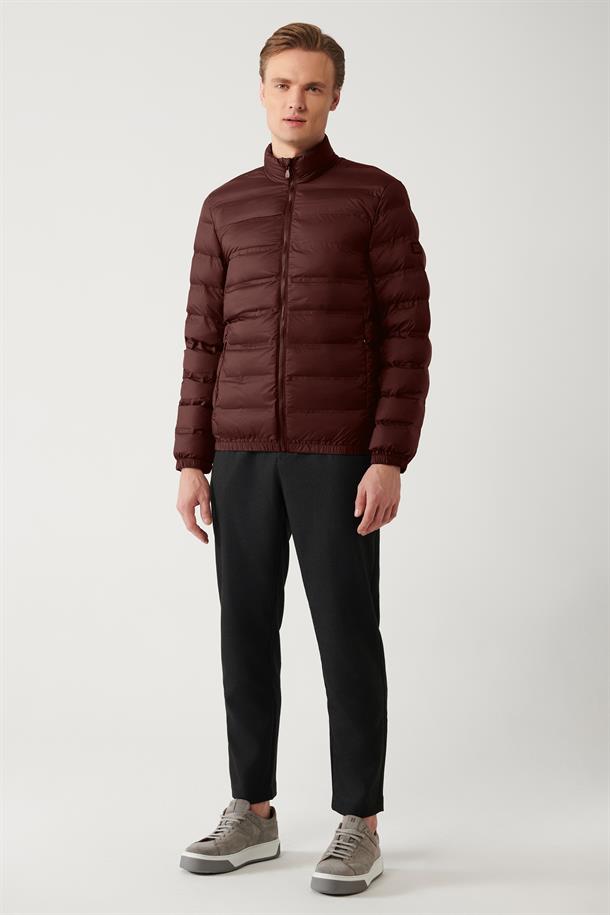 Bordo Dik Yaka Su İtici Rüzgar Geçirmez Hafif Comfort Fit Rahat Kesim Şişme Mont