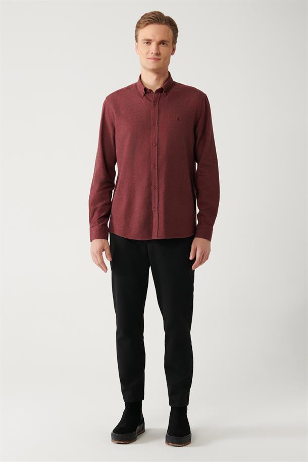 Bordo Düğmeli Yaka Balıksırtı Flanel Regular Fit Gömlek