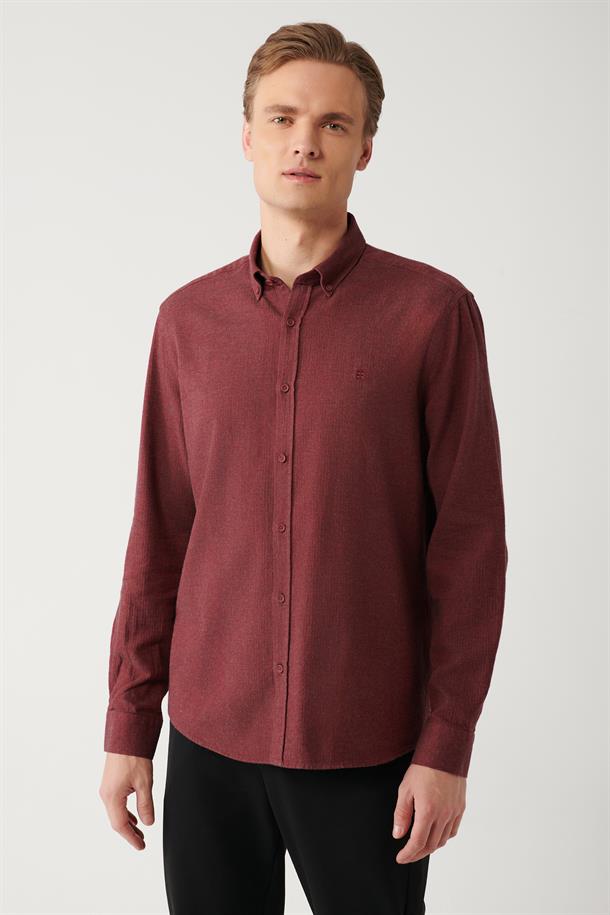 Bordo Düğmeli Yaka Balıksırtı Flanel Regular Fit Gömlek