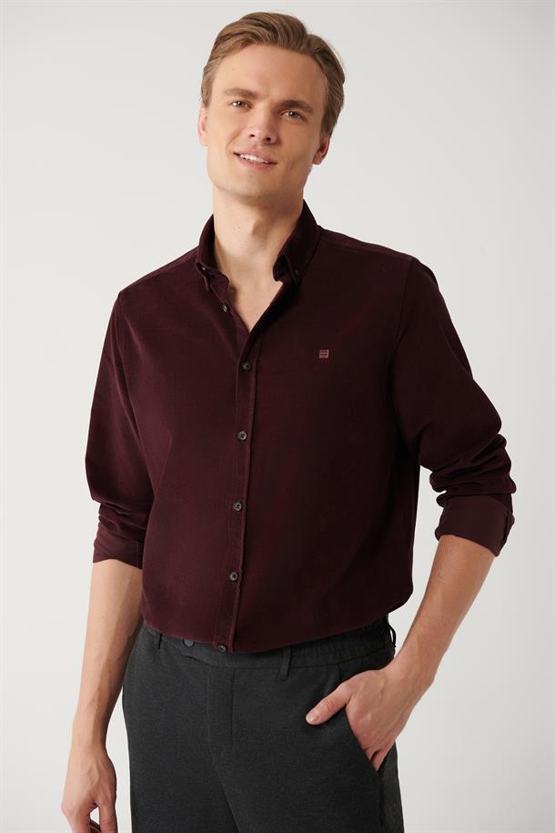 Bordo Düğmeli Yaka Fitilli Kadife Pamuklu Regular Fit Gömlek