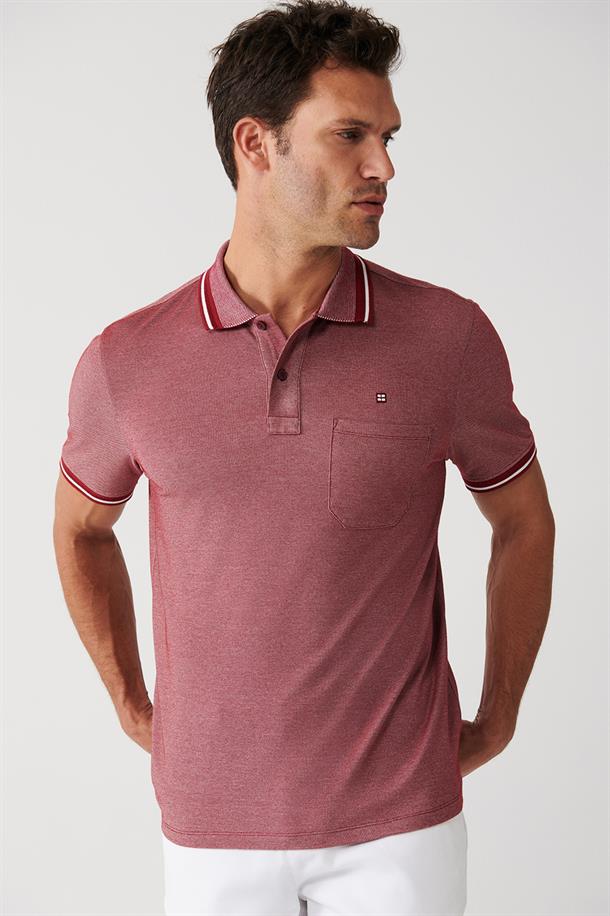 Bordo Enine Çizglili Cepli  Polo Yaka T-shirt