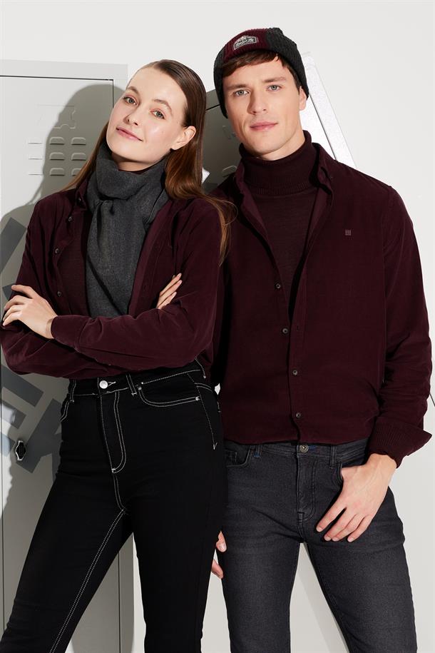 Bordo Gömlek Düğmeli Yaka Fitilli Kadife %100 Pamuk Regular Fit Standart Kesim 
