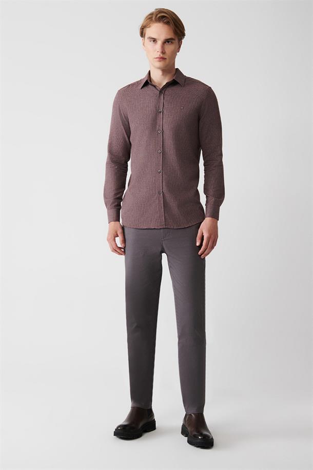 Bordo Klasik Yaka Armürlü Flanel Slim Fit Gömlek