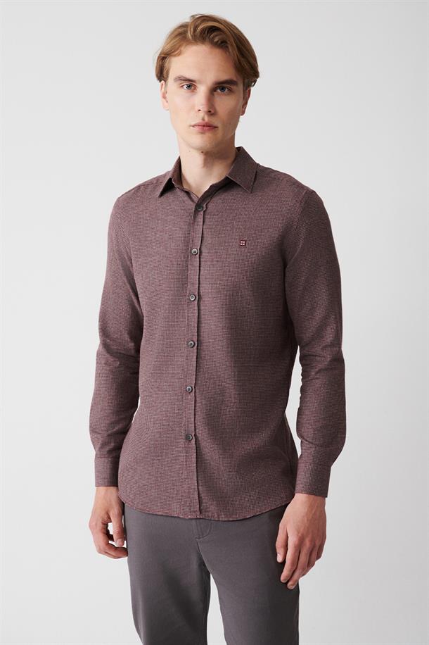 Bordo Klasik Yaka Armürlü Flanel Slim Fit Gömlek