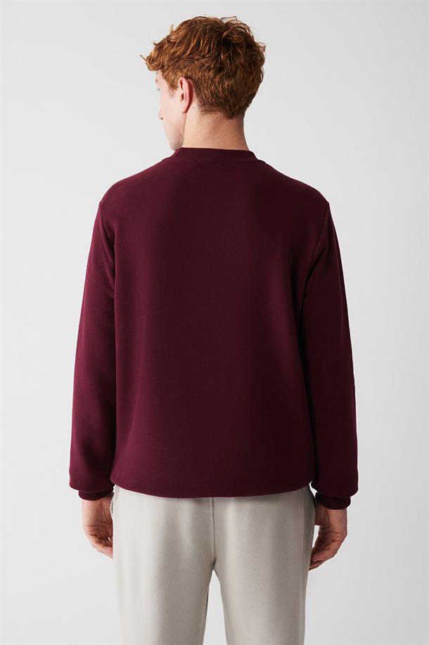 Bordo Şardonlu Kumaş Bisiklet Yaka Enjeksiyon Baskılı Sweatshirt