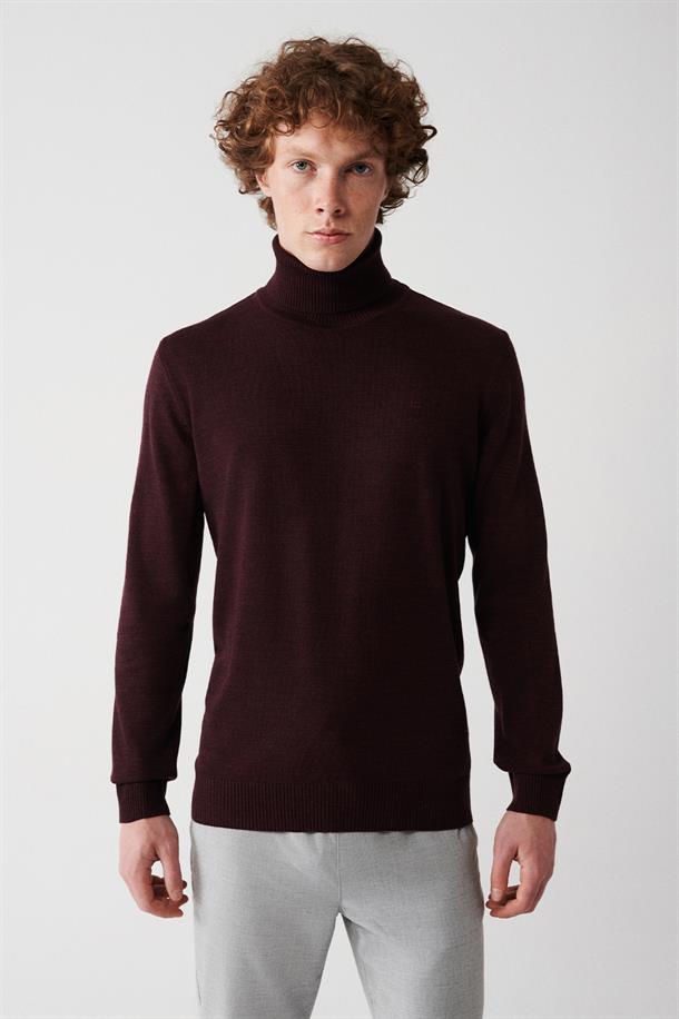 Bordo Tam Balıkçı Yaka Tüylenmeyen Regular Fit Standart Kesim Triko Kazak