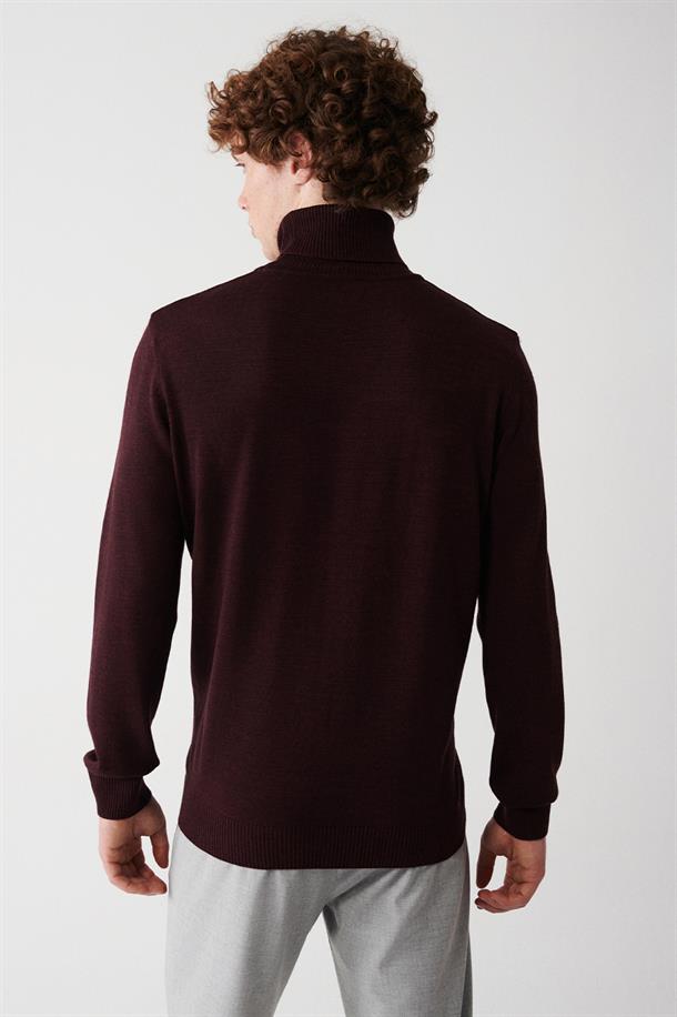 Bordo Tam Balıkçı Yaka Tüylenmeyen Regular Fit Standart Kesim Triko Kazak