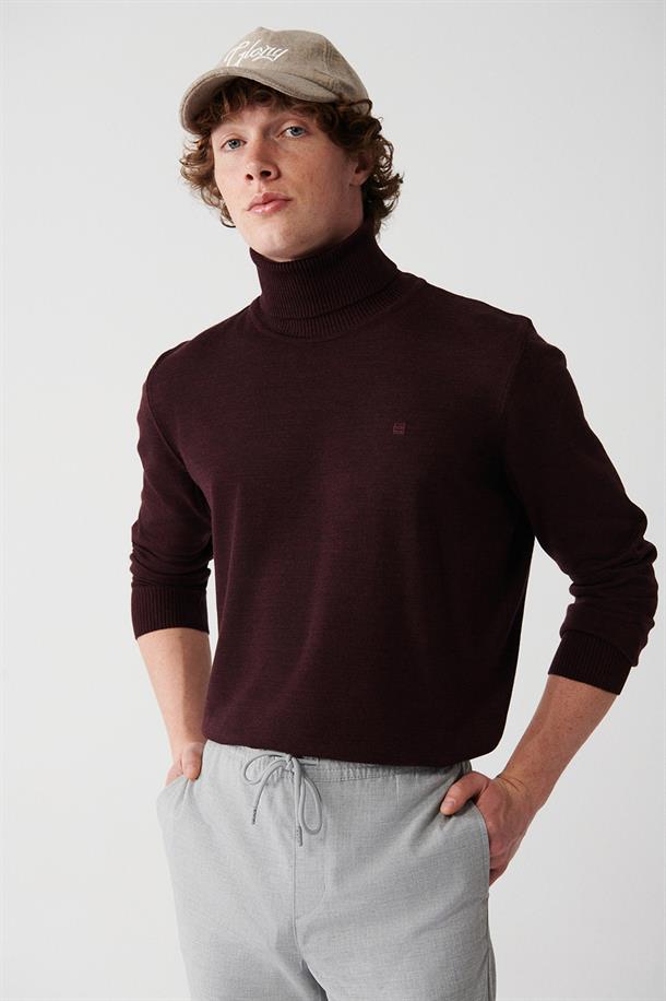 Bordo Tam Balıkçı Yaka Tüylenmeyen Regular Fit Standart Kesim Triko Kazak