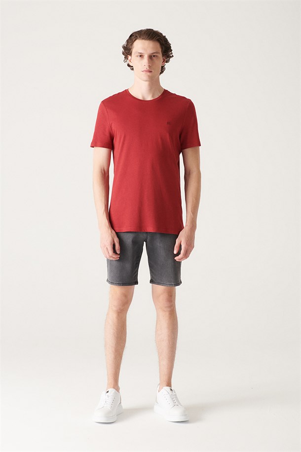 Bordo Ultrasoft Bisiklet Yaka Düz Modal T-Shirt