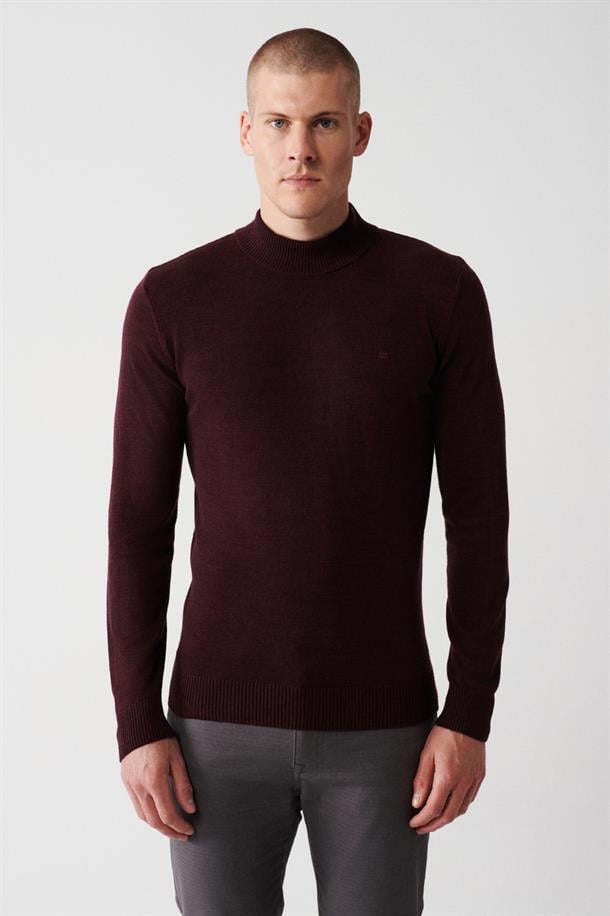 Bordo Yarım Balıkçı Yaka Tüylenmeyen Regular Fit Standart Kesim Unisex Triko Kazak