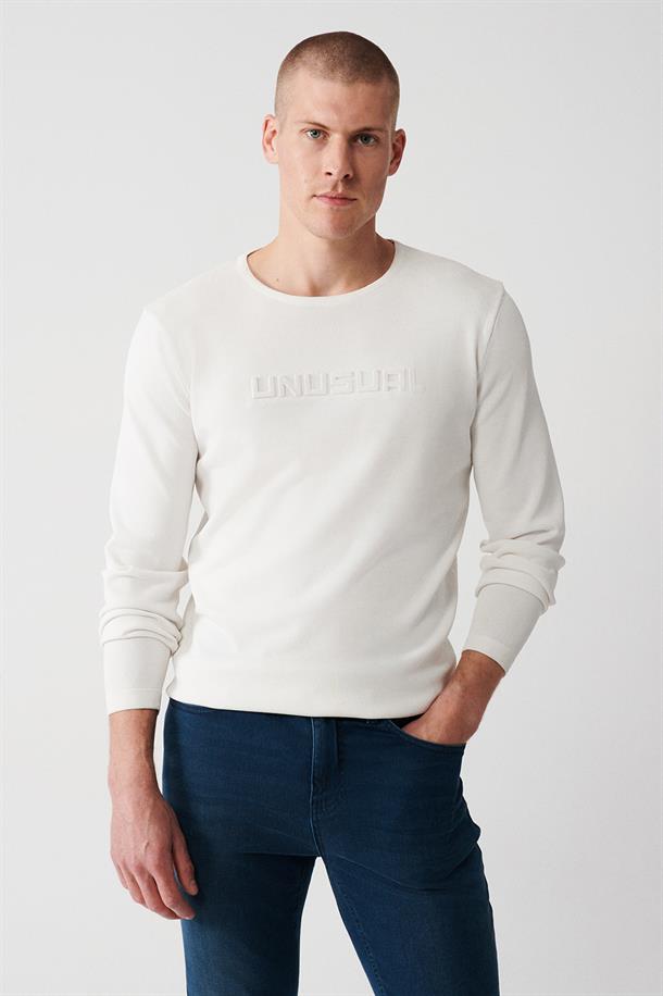Ekru Bisiklet Yaka Baskılı Rayon Kazak