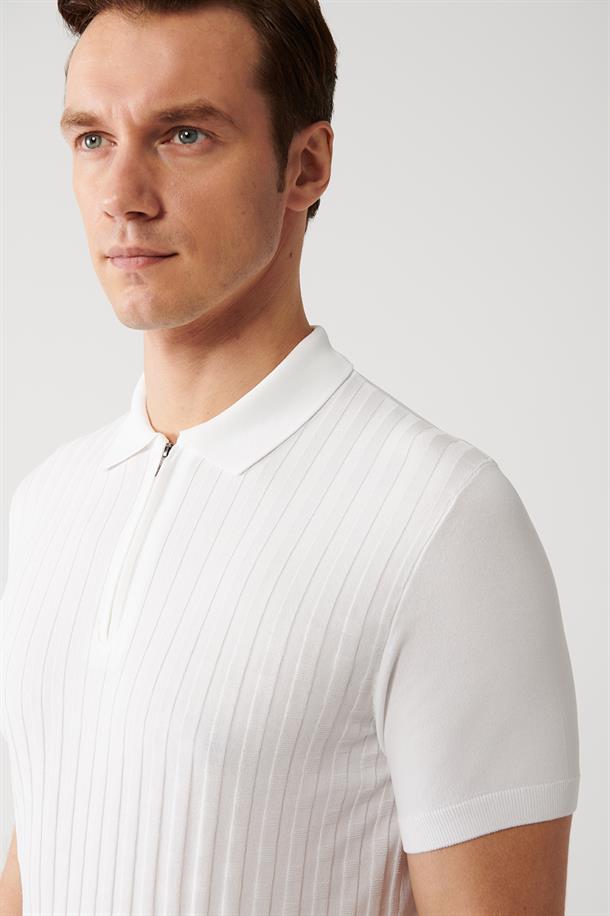 Ekru Polo Yaka Dokulu Rayon Triko T-shirt