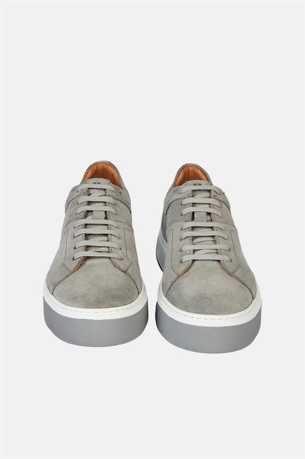 Gri %100 Deri Bağcıklı Esnek Taban Sneaker Ayakkabı